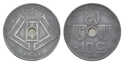 Бельгия 10 сантимов 1941 Belgique - Belgie, Леопольд III (1934-1951), германская оккупация, Вторая мировая война KM 125 цинк 4169-651