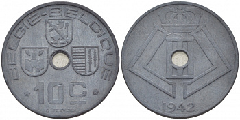 БЕЛЬГИЯ 10 САНТИМОВ 1942 BELGIE-BELGIQUE, ГЕРМАНСКАЯ ОККУПАЦИЯ, ВТОРАЯ МИРОВАЯ ВОЙНА KM 126 цинк 113-1051