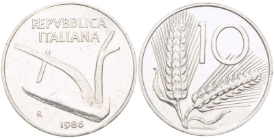 ИТАЛИЯ 10 ЛИР 1986 R, КОЛОСЬЯ, ПЛУГ KM 93 алюминий 4519-223