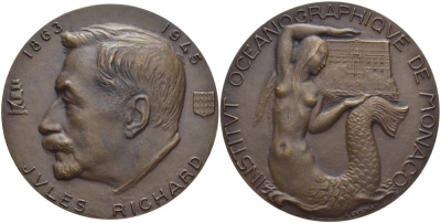 Франция медаль ND Жюль Ричард (1863-1945) французский учёный океанограф, директор (референт принца) музея океанографии в Монако (1900-1945), русалка, диаметр 58 мм.  бронза   00-00