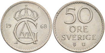 Швеция 50 эре 1968 U, Густав VI Адольф (1950-1973) KM 837 медно-никель UNC 4543-126