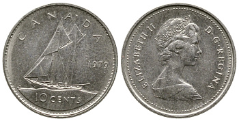 Канада 10 центов 1979 Елизавета II (1952-2022), парусник KM 77.2 никель 179-1053