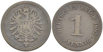 ГЕРМАНИЯ 1 ПФЕННИГ 1887 A, СТАРОГЕРБОВКА KM 1, J. 1, Weege 1 медь 211-613