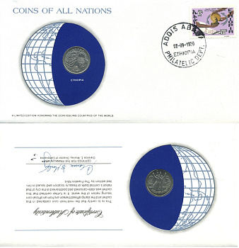 Эфиопия 25 центов 1977 EE 1969 конверт с маркой первого дня гашения, Coins of Nations KM 46.1 медно-никель UNC 4294-59-2