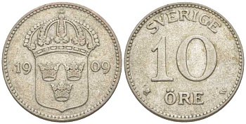 Швеция 10 эре 1909 W, Густав V (1907-1950) KM 780 серебро 116-1144