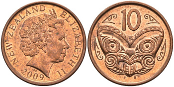Новая Зеландия 10 центов 2009 маска Маори, Елизавета II (1952-) KM 117а сталь плакированная медью 4114-155