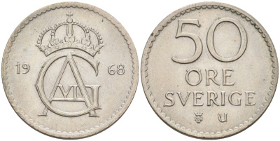 Швеция 50 эре 1968 U, Густав VI Адольф (1950-1973) KM 837 медно-никель UNC 4543-126