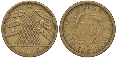 Германия 10 рентенпфеннигов 1924 A KM 33, J. 309, Weege 8 алюминиевая бронза 4163-225