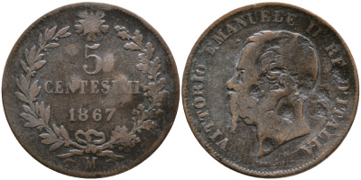 ИТАЛИЯ 5 ЧЕНТЕЗИМО 1867 М, ВИКТОР ИМАНУИЛ II KM 3.2 медь 28-836