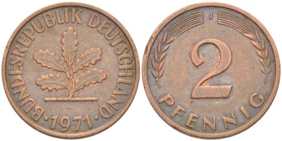 ФРГ 2 ПФЕННИГА 1971 J KM 106a, J. 381a сталь плакированная бронзой 216-1046