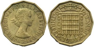 Великобритания 3 пенса 1960 Елизавета II (1952-2022) KM 900, Spink 4153 никель латунь 4171-546