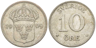 Швеция 10 эре 1909 W, Густав V (1907-1950) KM 780 серебро 116-1144