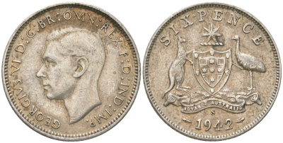 Австралия 6 пенсов 1942 S, Георг V (1936-1952) KM 38 серебро 4623-228