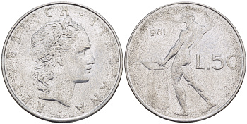 ИТАЛИЯ 50 ЛИР 1981 R, КУЗНЕЦ KM 95.1 нержавеющая сталь 89-1531