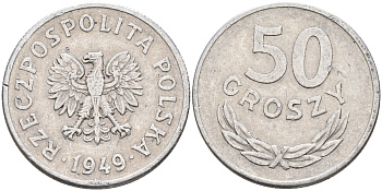 Польша 50 грошей 1949 KM 44а, Parchimowicz 209b алюминий 4132-1121