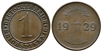 ГЕРМАНИЯ 1 РЕЙХСПФЕННИГ 1929 A KM 37, J. 313 бронза 4380-1157