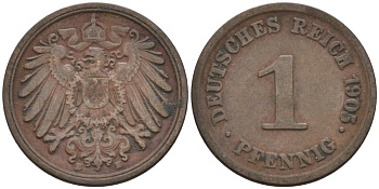 Германия 1 пфенниг 1905 E KM 10, J. 10 медь 4567-1216