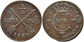 Швеция 1/4 скиллинга 1824 Карл XIV Юхан (1818-1844) KM 595 медь 4395-1054