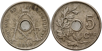 Бельгия 5 сантимов 1910 Belgique, Альберт I (1909-1934) KM 66 медно-никель 4189-752