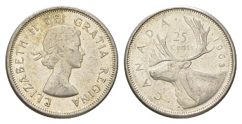 Канада 25 центов 1963 Елизавета II (1952-2022), олень KM 52 серебро 4622-841