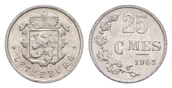 Люксембург 25 сантимов 1968 Герцог Жан (1964-1999) KM 45a.1 алюминий  aUNC 4659-532