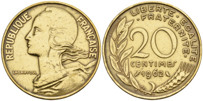 Франция 20 сантимов 1962 первый год KM 930 медь алюминий никель    4153-353