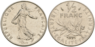 Франция 1/2 франка 1991 сеятель KM 931.1 никель 25-1226