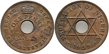 Нигерия 1 пенни 1959 Елизавета II (1952-), Британский протекторат KM 2 бронза 51-2144