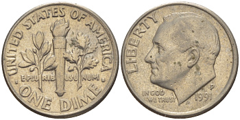 США 10 ЦЕНТОВ = 1 ДАЙМ 1991 P, РУЗВЕЛЬТ KM 195а медь плакированная медно-никелем 66-1125