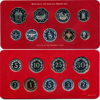 Мальта набор из 9 монет 1976 запайка, в оригинальной коробке с сертификатом KM PS2 PROOF 7-7-14