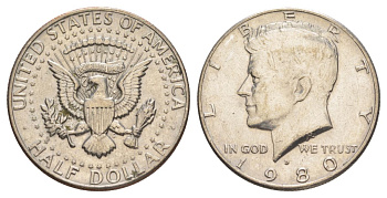 США 1/2 доллара (50 центов) 1980 D, Джон Кеннеди KM A202b медь плакированная медно-никелем aUNC 4183-1045