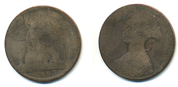 Великобритания 1 пенни 1863 Виктория (1837-1901) KM 749.2, Spink 3954 бронза 83-525