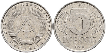 ГДР 5 пфеннигов 1968 A KM 9.1 алюминий 211-469