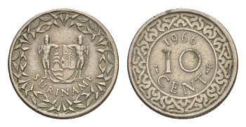 Суринам 10 центов 1966 KM 13 медно-никель 4636-226