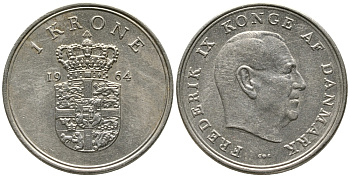 ДАНИЯ 1 КРОНА 1964 C; S, ФРЕДЕРИК IX (1947-1972) KM 851.1 медно-никель 32-324