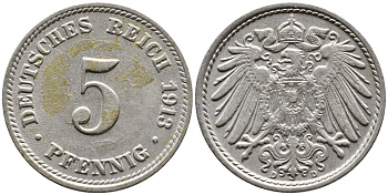 ГЕРМАНИЯ 5 ПФЕННИГОВ 1913 D, KM 11, J. 12 медно-никель 4387-736