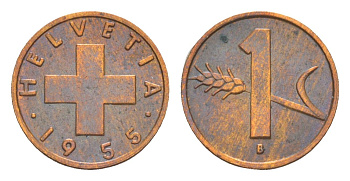Швейцария 1 раппен 1955 B KM 46 бронза 4611-617