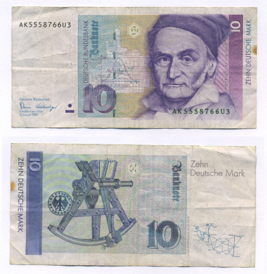 ФРГ 10 МАРОК 1989 2 ЯНВАРЯ 1989, КАРЛ ФРИДРИХ ГАУСС (1777-1855) Pick 38a бумага 7457-20-1