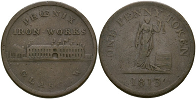 Великобритания 1 пенни 1813 Шотландия, Глазго Withers 1353, Davis 3 медь 1526-1211
