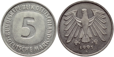 ФРГ 5 МАРОК 1991 A КМ 140.1 J.415 медно-никель плакированный никелем 4389-1125