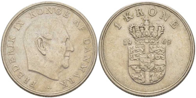 Дания 1 крона 1962 C; S, Фредерик IX (1947-1972) KM 851 медно-никель 38-523