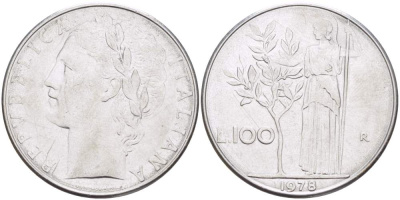 ИТАЛИЯ 100 ЛИР 1978 R, АФИНА KM 96.1 нержавеющая сталь 4526-333