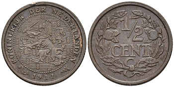 Нидерланды 1/2 цента 1911 Вильгельмина (1890-1948) KM 138 бронза    4169-236