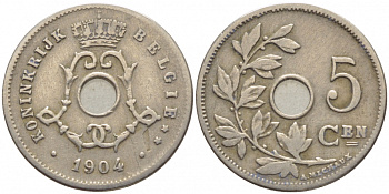 БЕЛЬГИЯ 5 САНТИМОВ 1904 BELGIE KM 55 медно-никель 105-1037