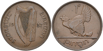 Ирландия 1 пенни 1937 курица с цыплятами KM 3 бронза 88-823