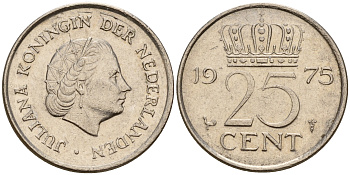 Нидерланды 25 центов 1975 Юлиана (1949-1980) KM 183 никель    4598-515