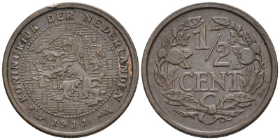 Нидерланды 1/2 цента 1911 Вильгельмина (1890-1948) KM 138 бронза    4169-236