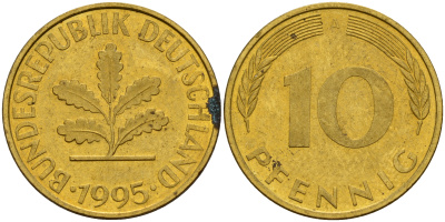 ФРГ 10 пфеннигов 1995 A J. 383, KM 108 сталь плакированная латунью    4603-715