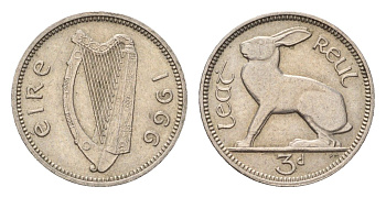 Ирландия 3 пенса 1966 заяц KM 12a медно-никель 4696-467