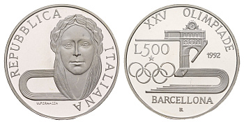 Италия 500 лир 1992 XXV Летние Олимпийские игры, Барселона 1992 KM 153 серебро PROOF 413-6342
